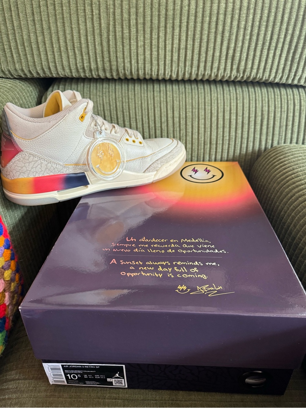 Jordan White Sneakers with Yellow and Pink Gradient Accents